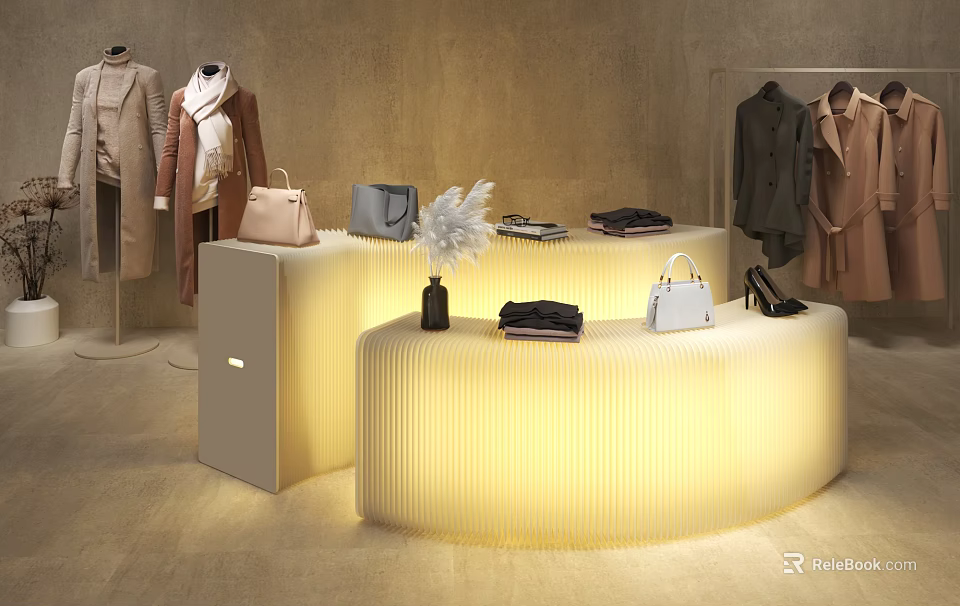 Decorative Accessory Set on Lighted Display Tables with Handbags and Clothes in Fashion Store 3d model 