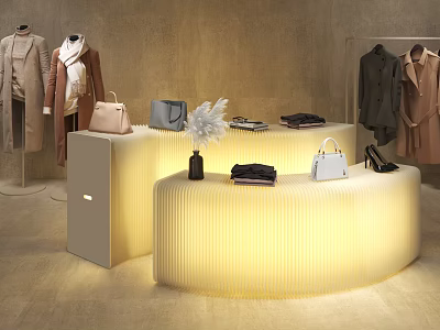 Decorative Accessory Set on Lighted Display Tables with Handbags and Clothes in Fashion Store 3d model