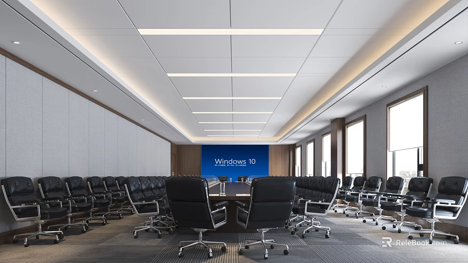 Modern Conference Room With Large Long Table Black Chairs Blue Background Screen And Multiple Windows 3d model
