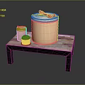 Golden Storage Buckets With Red Bows And Small Container On Black Table For Daily Use