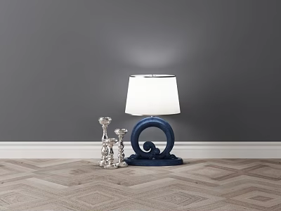 Blue Ring Table Lamp With White Shade And Silver Figurines On Gray Wall Herringbone Floor 3d model