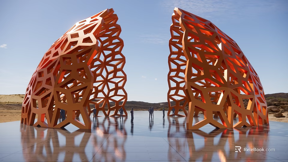 Modern Orange Pergola With Symmetric Hollow Design And Reflection In Open Space 3d model 
