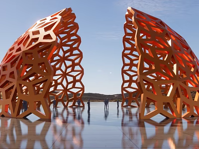 Modern Orange Pergola With Symmetric Hollow Design And Reflection In Open Space 3d model