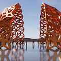 Modern Orange Pergola With Symmetric Hollow Design And Reflection In Open Space