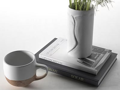 Minimalist Decorative Ornament Set With Ceramic Mug Stacked Books And Vase With Green Plants 3d model