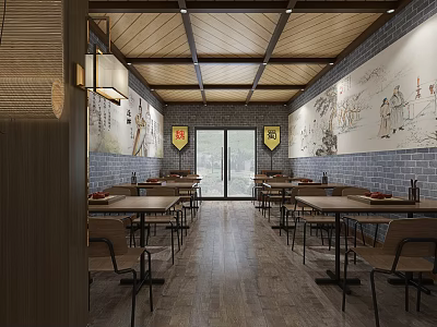 Traditional Restaurant Interior With Wooden Ceiling Brick Walls Murals And Arranged Tables 3d model