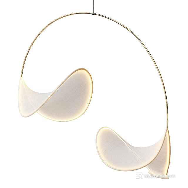 Modern Curved Metal Chandelier With Double White Fabric Shades And Soft Lighting Design 3d model 