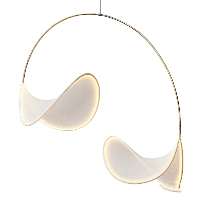 Modern Curved Metal Chandelier With Double White Fabric Shades And Soft Lighting Design 3d model