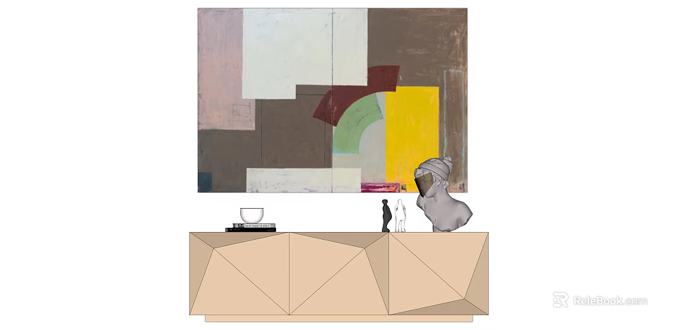Modern Geometric Cabinet Featuring Abstract Painting Sculpture And Decorative Pieces 3d model 