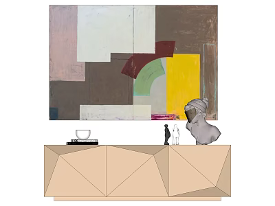 Modern Geometric Cabinet Featuring Abstract Painting Sculpture And Decorative Pieces 3d model