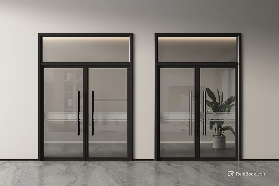 Modern Double Glass Doors With Black Frame Interior Featuring Potted Plant And Marble Floor 3d model 
