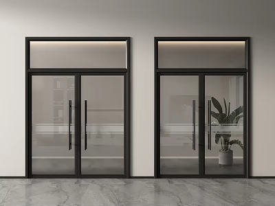 Modern Double Glass Doors With Black Frame Interior Featuring Potted Plant And Marble Floor 3d model