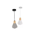 Two Modern Pendant Lights With Wooden Tops And Textured White Gray Shades