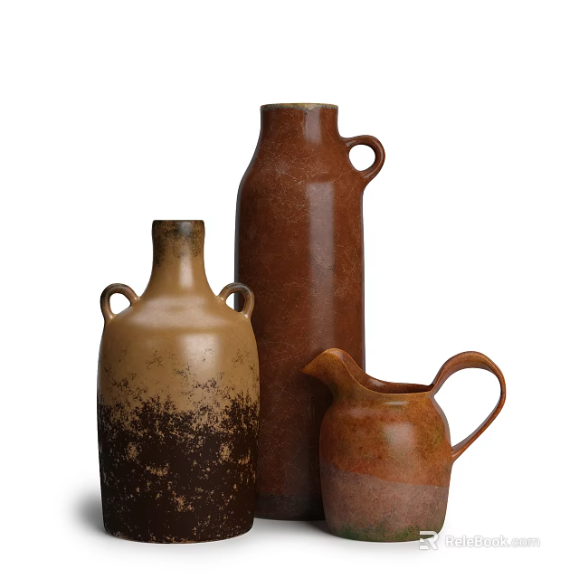 Rustic Handcrafted Ceramic Vases in Warm Brown Hues with Various Handle Designs 3d model 