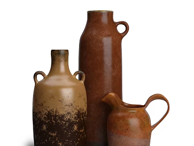 Rustic Handcrafted Ceramic Vases in Warm Brown Hues with Various Handle Designs 3d model