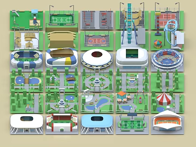 Various Athletic Facilities and Sports Venues with Football Fields Basketball Courts and Stadiums 3d model