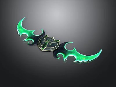 Green Glowing Double Scythe Weapon With Flame Shaped Edges And Central Emblem 3d model