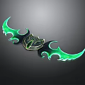 Green Glowing Double Scythe Weapon With Flame Shaped Edges And Central Emblem