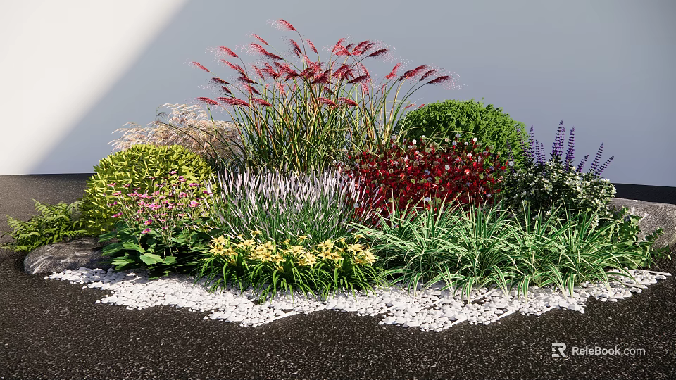 Colorful Garden Plants With Red Grasses Green Shrubs Red Yellow Purple Flowers And White Pebbles 3d model 