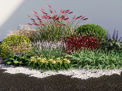 Colorful Garden Plants With Red Grasses Green Shrubs Red Yellow Purple Flowers And White Pebbles 3d model