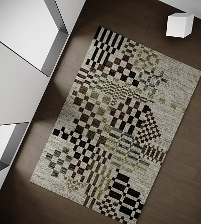 Square Rug With Geometric Mosaic Pattern In Brown Black Green Beige Neutral Tones 3d model