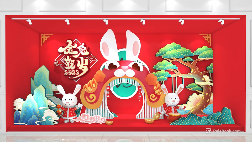 Chinese New Year Window Display With Jade Rabbit Figures Red Background Pine Trees And Clouds 3d model