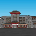 Traditional Chinese Commercial Complex With Multi storey Structure Glass Windows Red Decor Plaza Trees And People