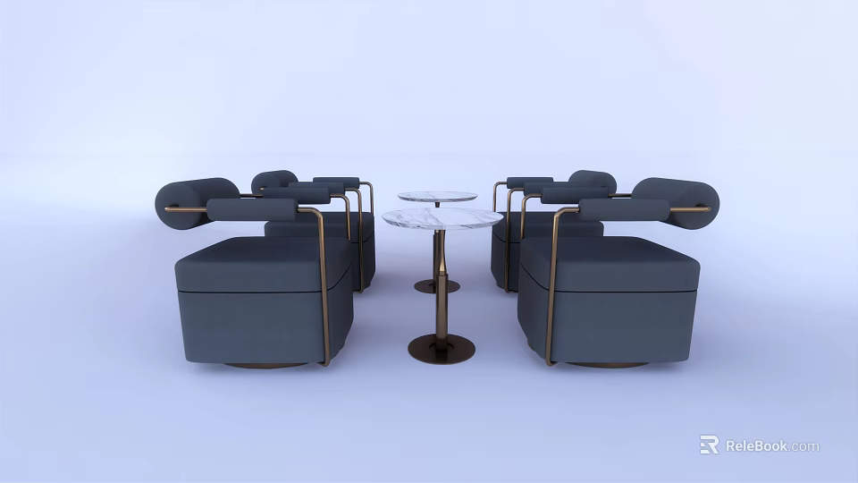 Four Piece Leisure Sofa Set with Gray Upholstery Gold Metal Frame and Round Coffee Table 3d model 