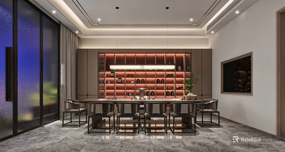 Modern Tea Room Interior Design With Wooden Table Chairs Tea Sets And Display Shelves Lighting 3d model 