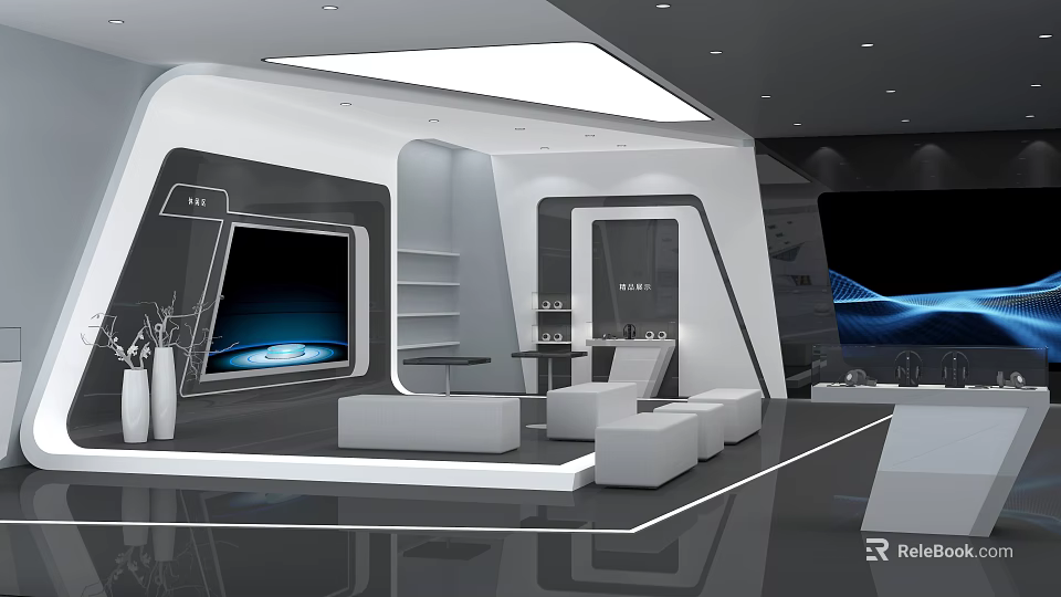 Modern Showroom Interior Featuring Large Screen White Seats And Sleek Shelves 3d model 