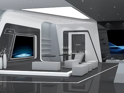 Modern Showroom Interior Featuring Large Screen White Seats And Sleek Shelves 3d model