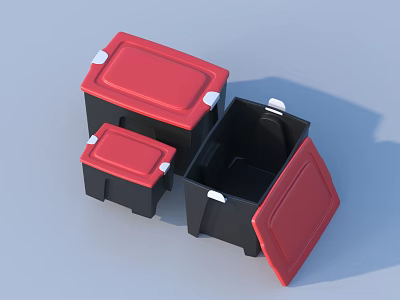 Storage Bins with Red Lids Black Bodies Handles and Different Sizes 3d model