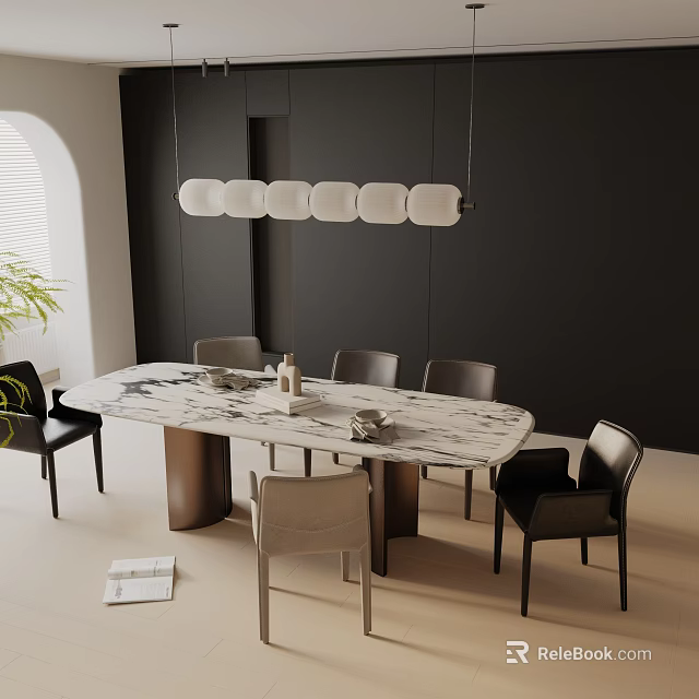 Modern Dining Set With White Marble Table Black Chairs Pendant Light And Green Plant 3d model 