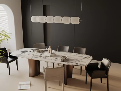 Modern Dining Set With White Marble Table Black Chairs Pendant Light And Green Plant 3d model