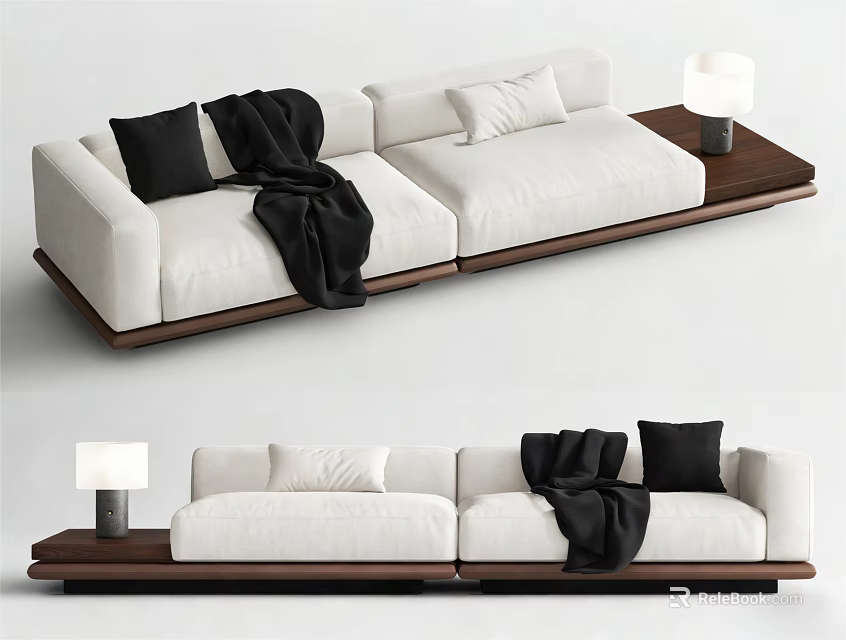 Modern White Single Sofa Interior With Black Cushions Throw Dark Wooden Base And Side Table 3d model 