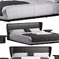 Modern Double Bed With Black Tufted Headboard Gray Bedsheets And Dark Blanket 3d model