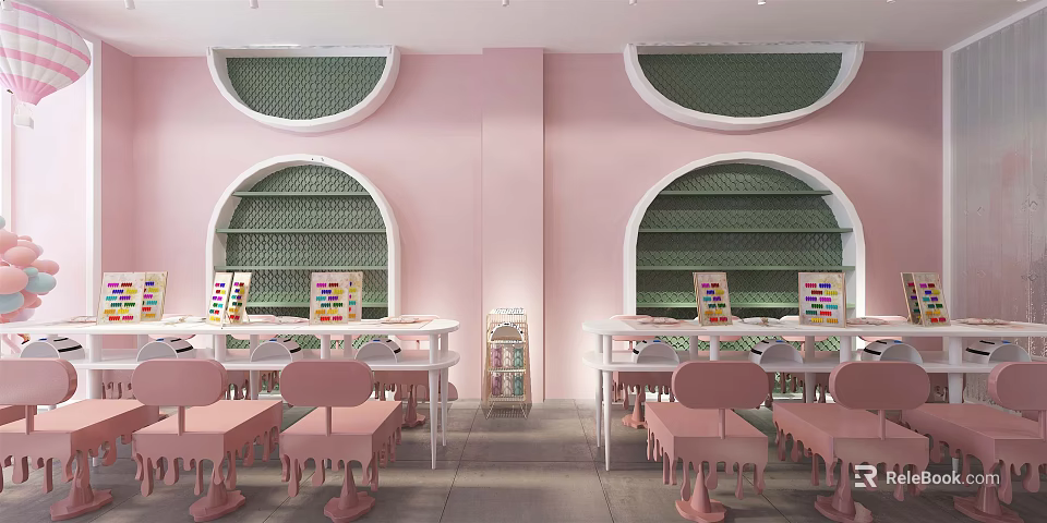 Pink Themed Cafe Interior With Arched Green Shelves And Pink Tables Chairs 3d model 