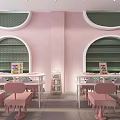 Pink Themed Cafe Interior With Arched Green Shelves And Pink Tables Chairs