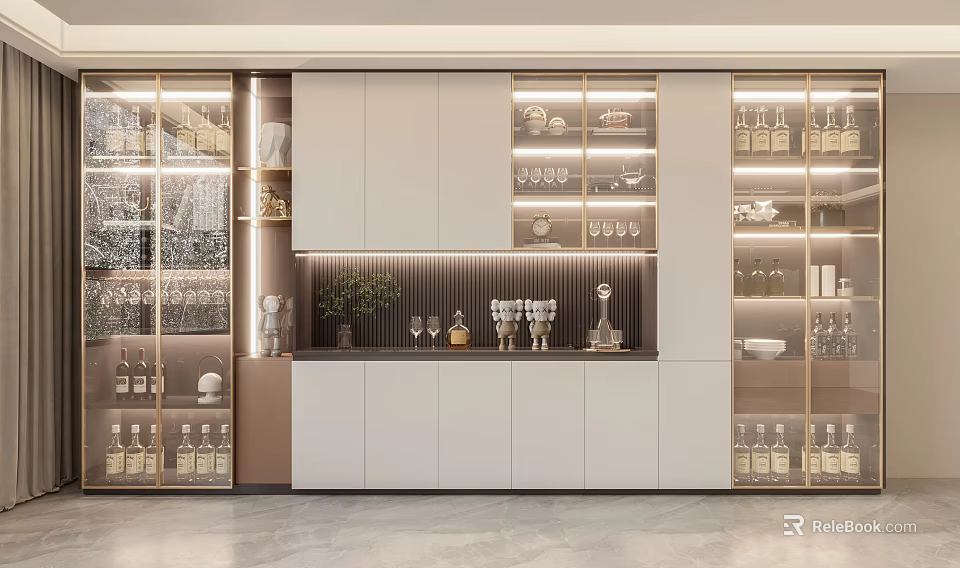 Modern Wine Cabinet With Glass Doors Lighting Wine Bottles And Wine Glass Storage 3d model 