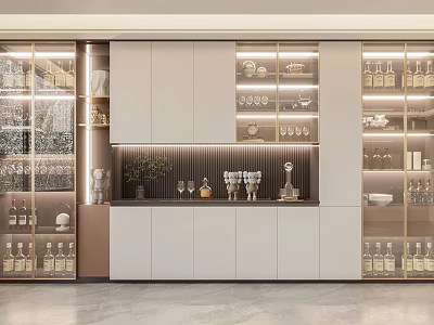 Modern Wine Cabinet With Glass Doors Lighting Wine Bottles And Wine Glass Storage 3d model