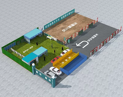 Road Facilities Including Public Parking Lot Safety Passage Toll Booth And Vehicle Entrance 3d model