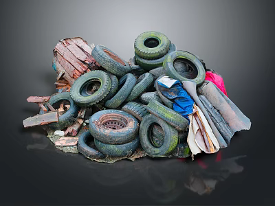 Worn Out Old Tires Pile With Wooden Boards Fabrics And Trash 3d model