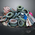 Worn Out Old Tires Pile With Wooden Boards Fabrics And Trash