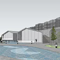 Modern Sales Office Building With Unique Roof Design Water Features And Lush Tree Landscaping