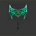 Fantasy Axe With Symmetric Green Glowing Blade And Yellow Accent Handle