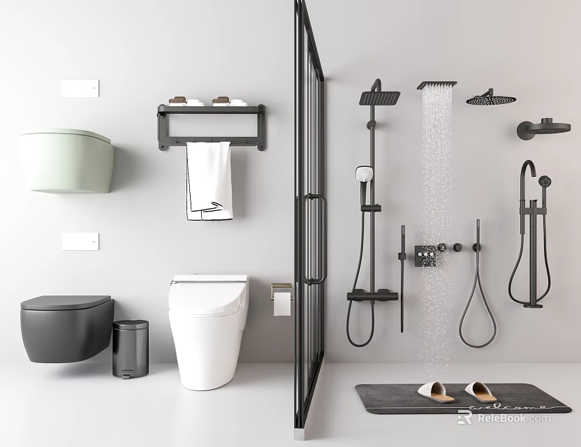 Modern Bathroom Fixture Set With Toilet Towel Rack Shower System And Slippers 3d model 