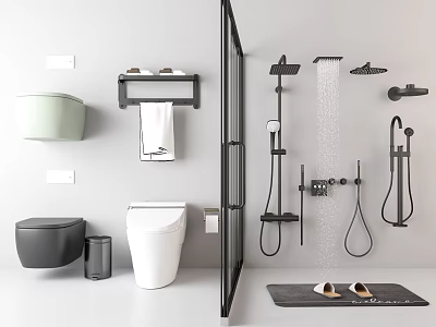 Modern Bathroom Fixture Set With Toilet Towel Rack Shower System And Slippers 3d model