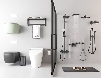 Modern Bathroom Fixture Set With Toilet Towel Rack Shower System And Slippers 3d model