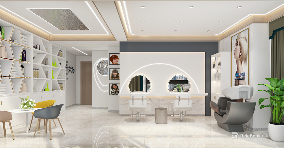 Modern Beauty Salon Interior With Stylish Mirrors Hair Styling Chairs And Decorative Lighting 3d model 