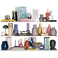 Decorative Ornament Set With Vases Books Candle Holders Bowls on Shelves